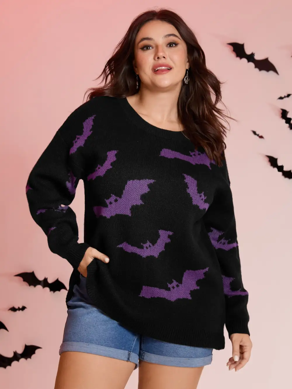 Bat Pattern Ribbed Neck Pullover