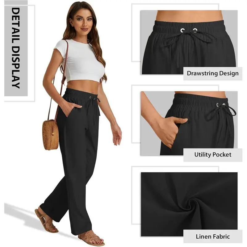 Women’s High Waist Linen Drawstring Pants – Casual Loose Fit with Pockets