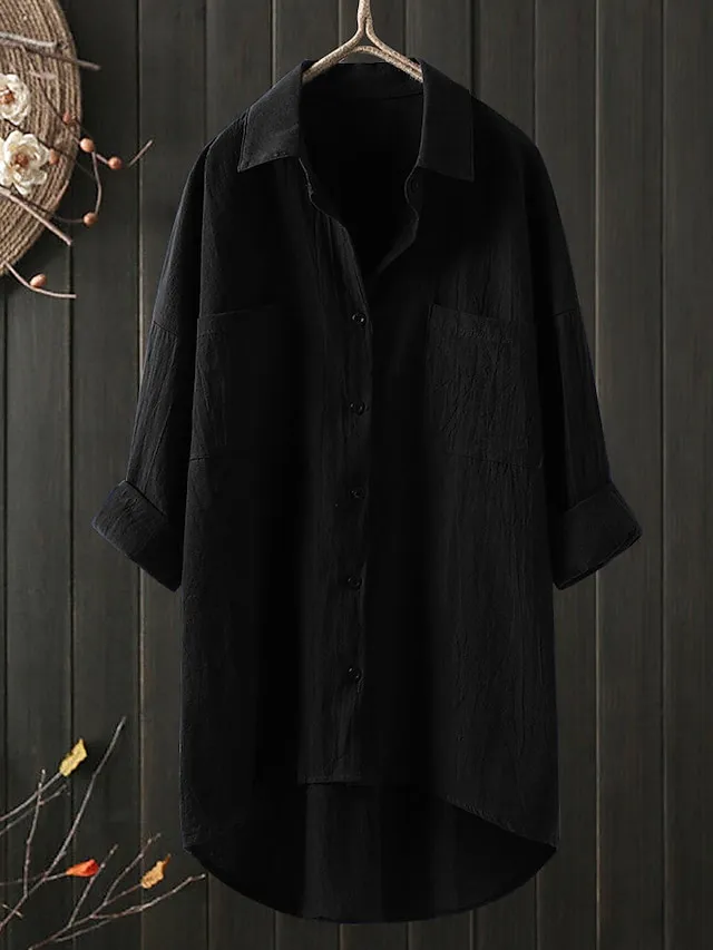 Women's Shirt Blouse Cotton Black White Blue Solid Color Button Pocket 3/4 Length Sleeve Work Daily Streetwear Daily Basic Shirt Collar Regular Fit Spring Fall Fall & Winter