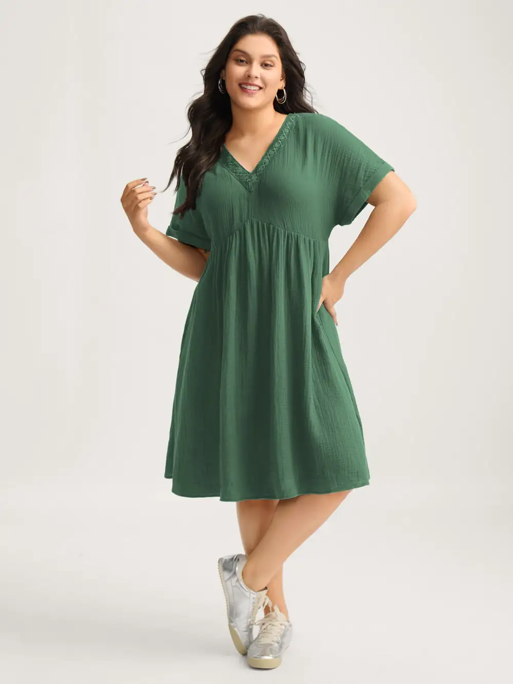 Pure Cotton Lace V-Neck Solid Midi Dress