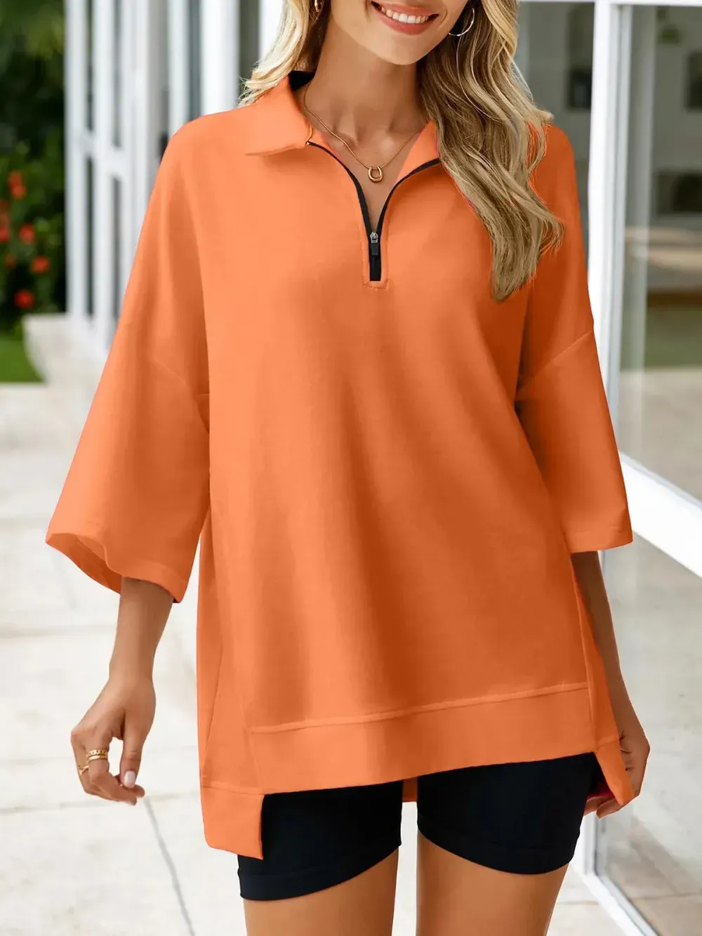 Women's Oversized 3/4 Sleeve Zipper Pullover