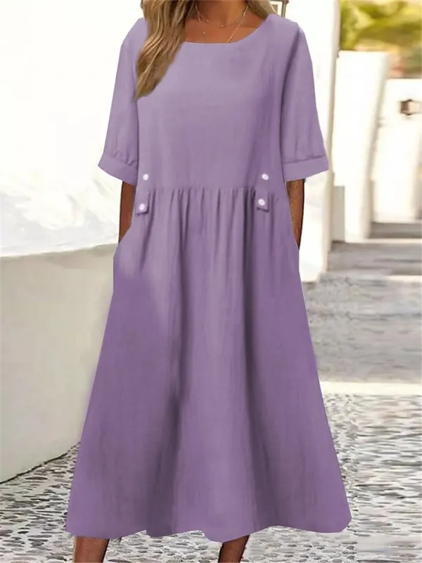 Women's Cotton Linen Dress Casual Dress Midi Dress Cotton Blend Basic Casual Outdoor Daily Vacation Crew Neck Ruched Button Short Sleeve Summer Spring 2023 Loose Fit White Purple Green Plain M L XL