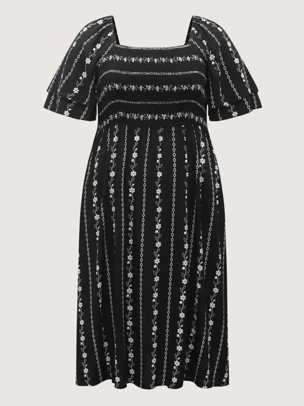 Floral Stripes Layered Ruffle Sleeve Midi Dress