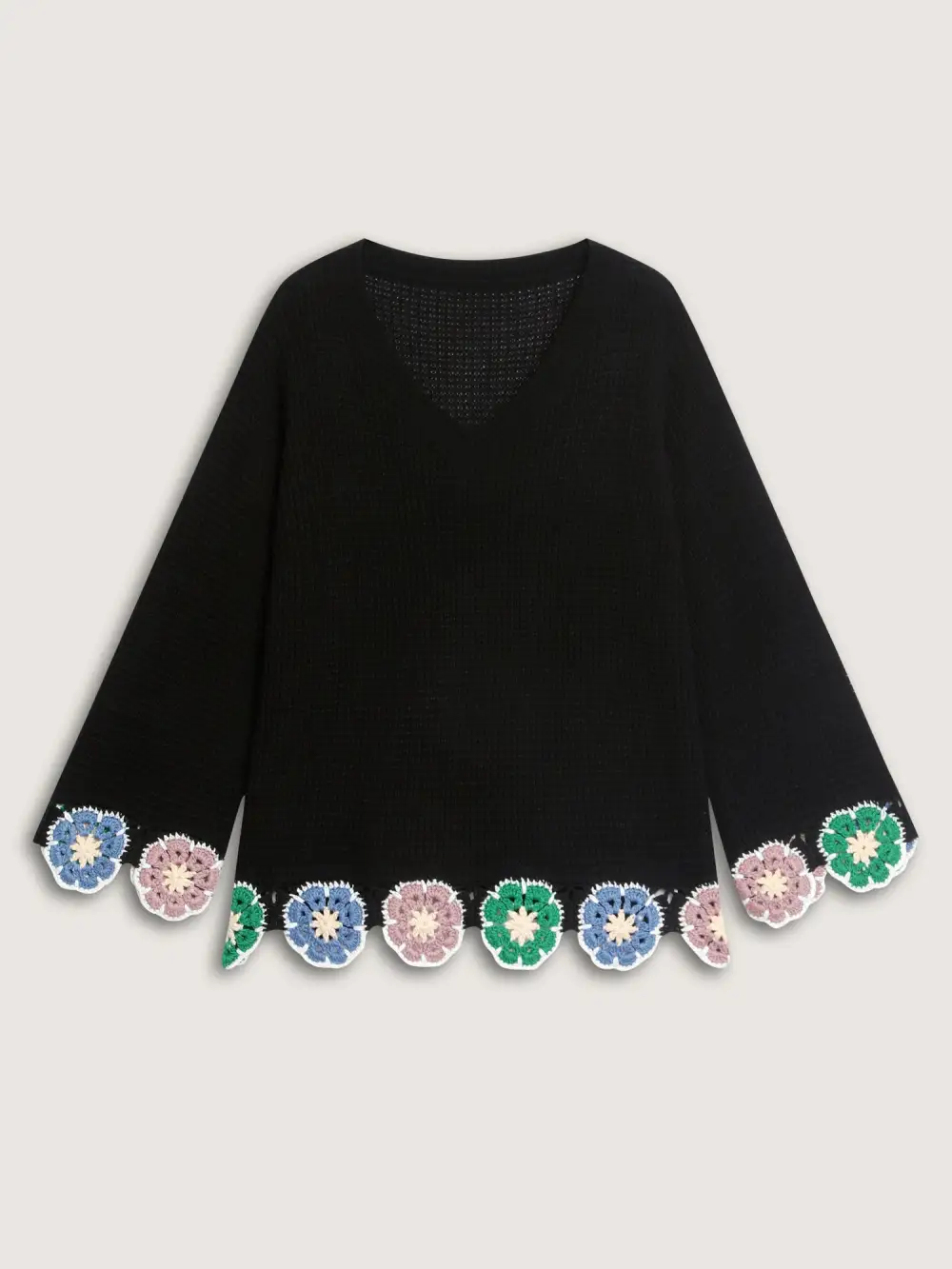 Crochet Floral Hem V-Neck Pullover