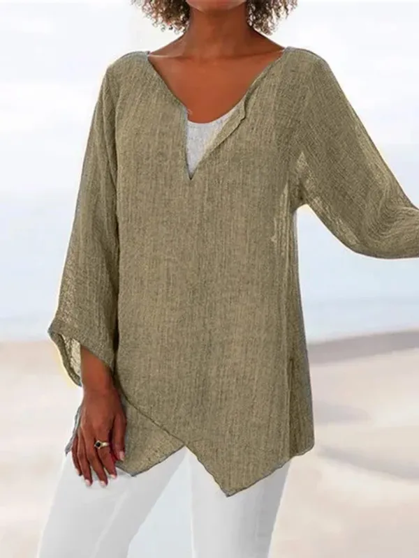 V Neck Asymmetric Solid Causal Tunic Tops