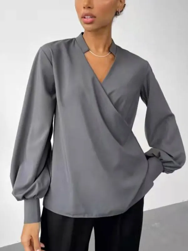 Urban Solid Color Puff Sleeve V-Neck Blouse Top