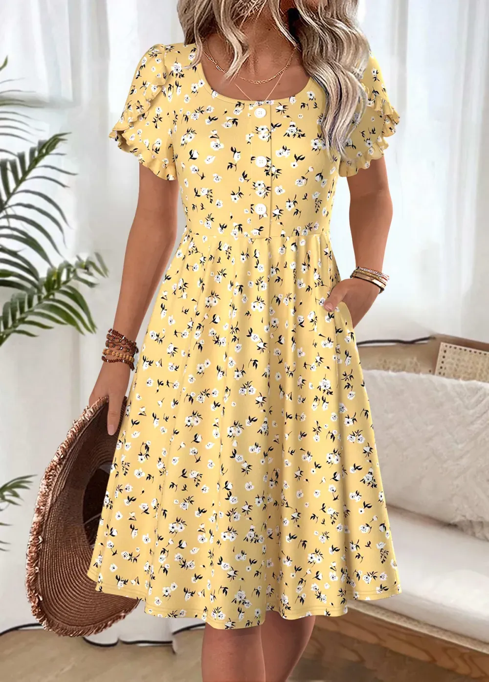 Yellow Ditsy Floral Print Short Sleeve Boat Neck Dress