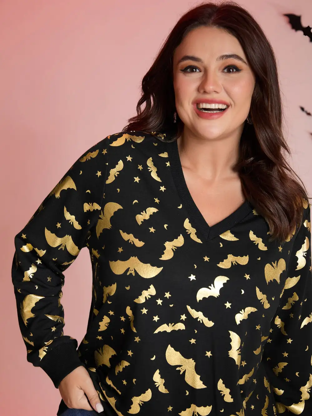 Gold Bat Print Stretchy V-Neck Sweatshirt