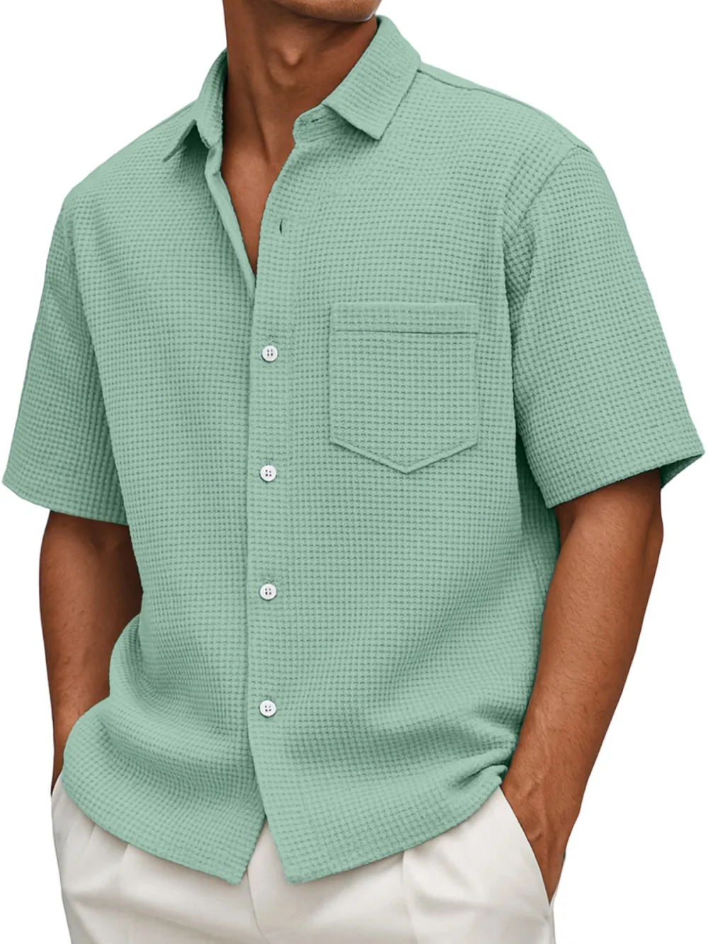 Men's Loose Casual Waffle Solid Color Button Short Sleeve Shirt