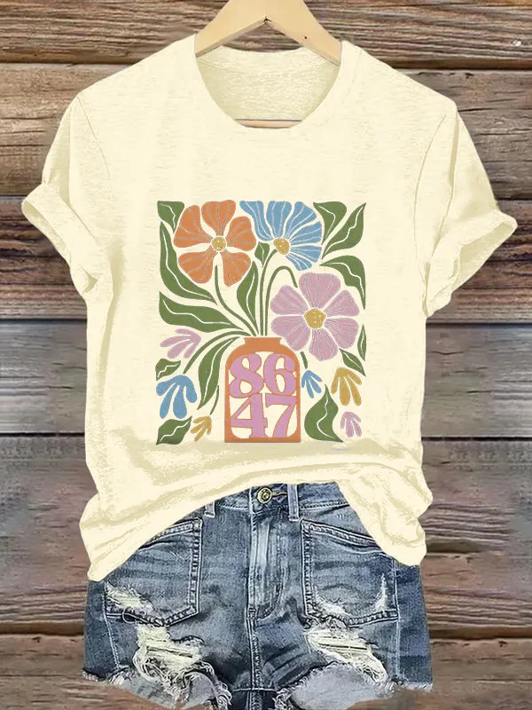 Women'S T-Shirt Retro Flowers 86 47 Print T-Shirt Round Neck Pure Cotton Short Sleeves