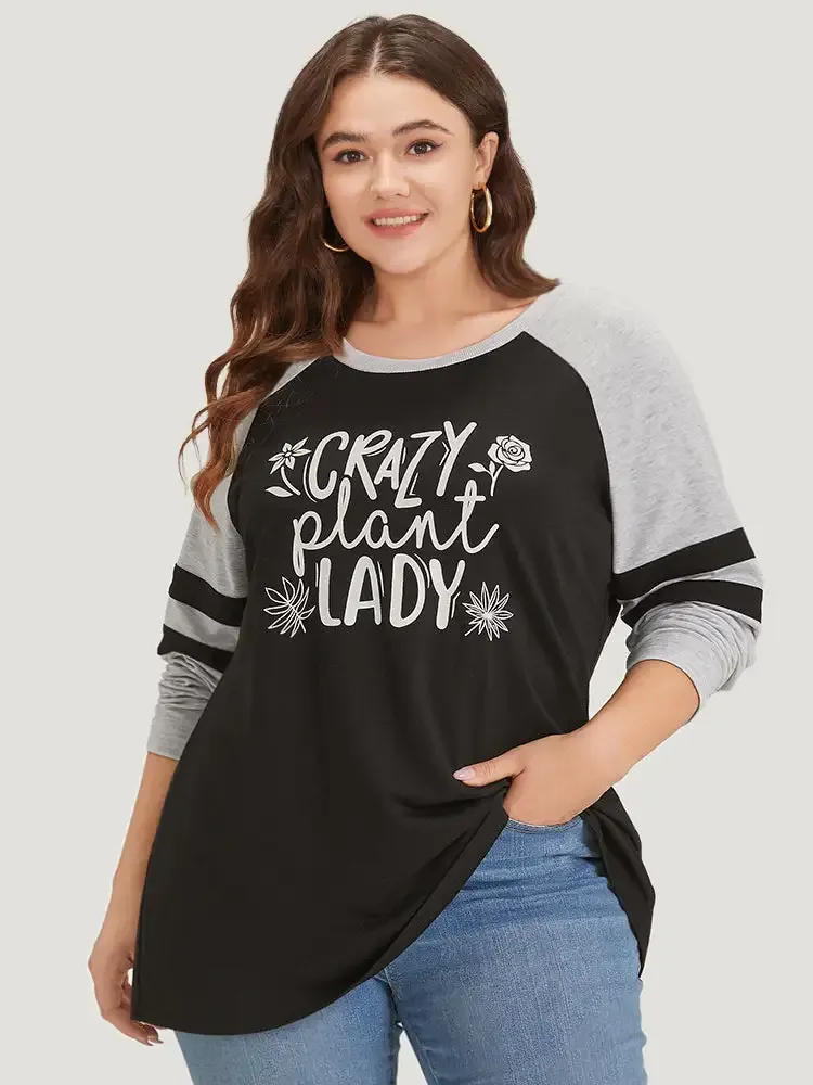 Letter & Floral Print Striped Patchwork Raglan Sleeve Sweatshirt