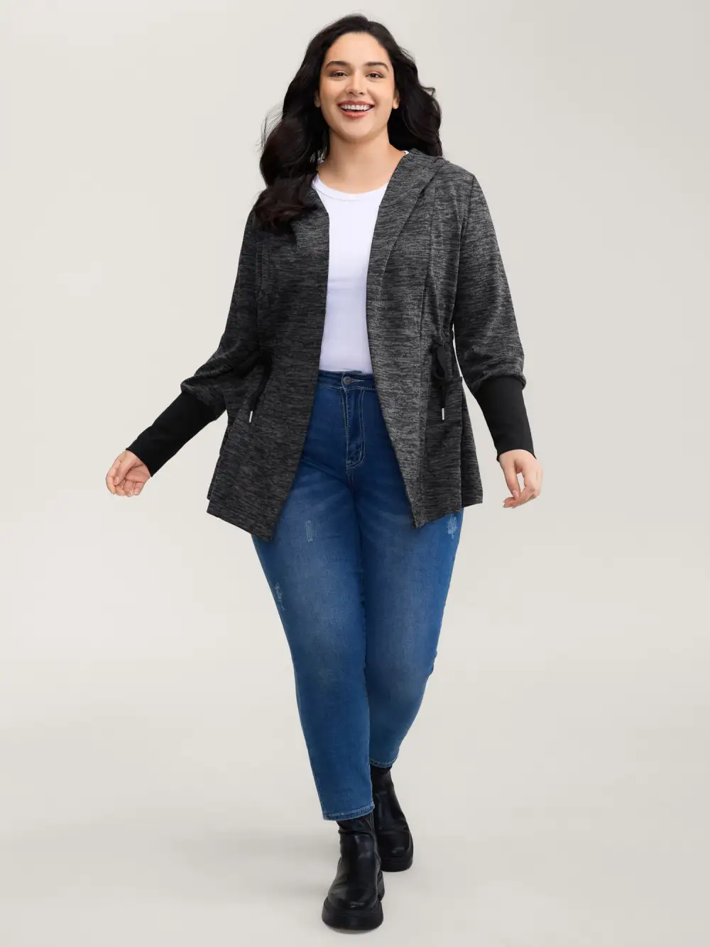 Channel Drawstring Contrast Hooded Jacket