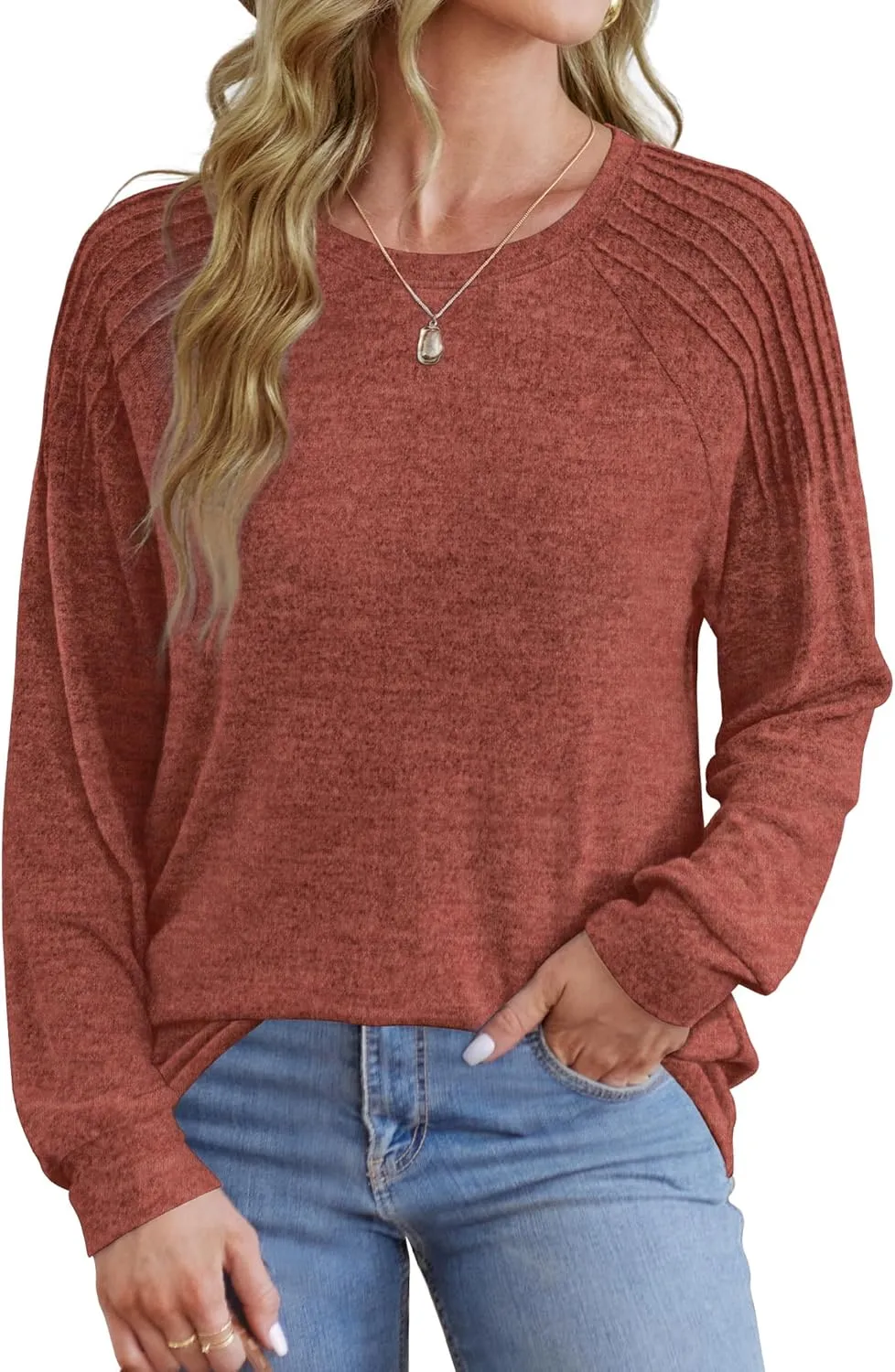 Sweatshirt for Women Crewneck Pleated Long Sleeve Shirts Tunic Tops Fashion 2024