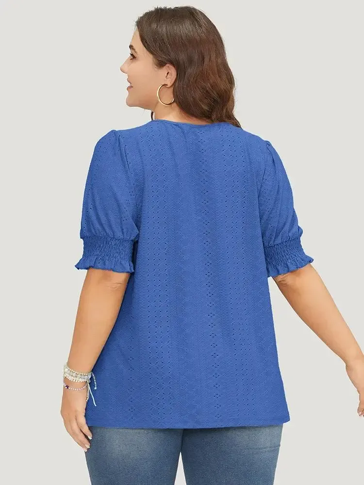 Plain Broderie Anglaise Shirred Puff Sleeve Button Detail T-shirt