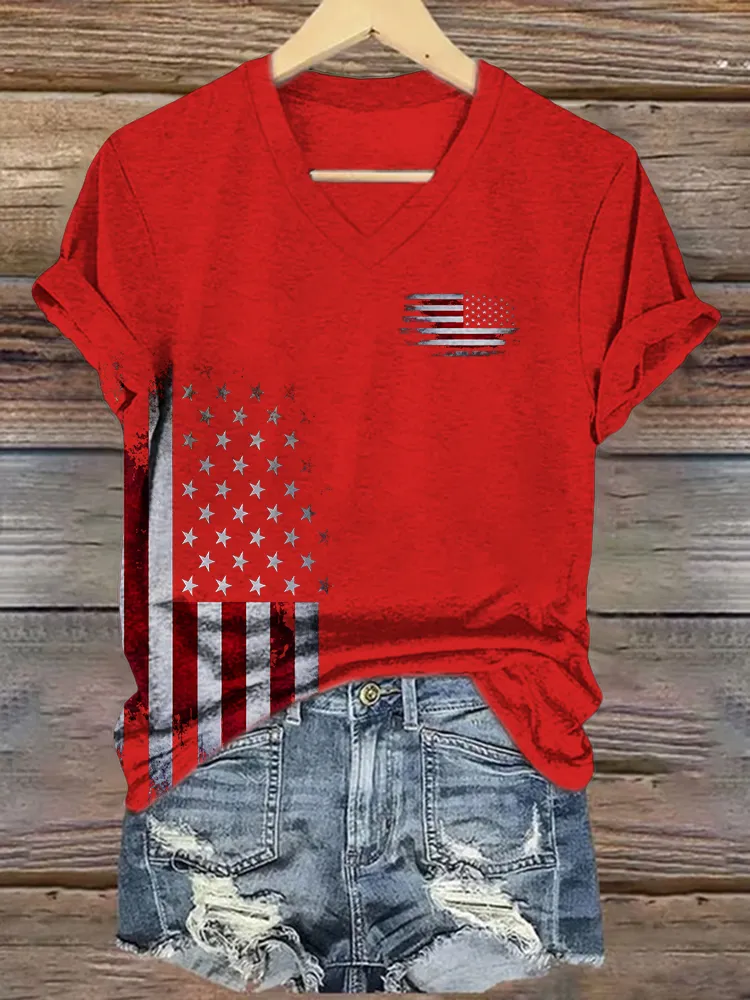 Women's Independence Day Flag Short Sleeves V-Neck Pure Cotton T-Shirt