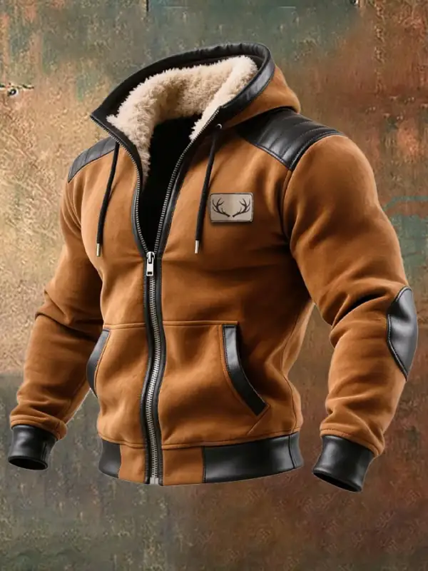 Men's Vintage Suede and Leather Hooded Warm Jacket