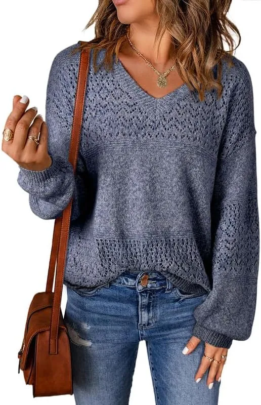 Womens Sweaters Casual Long Sleeve V Neck Lightweight Crochet Pullover Sweater Tops