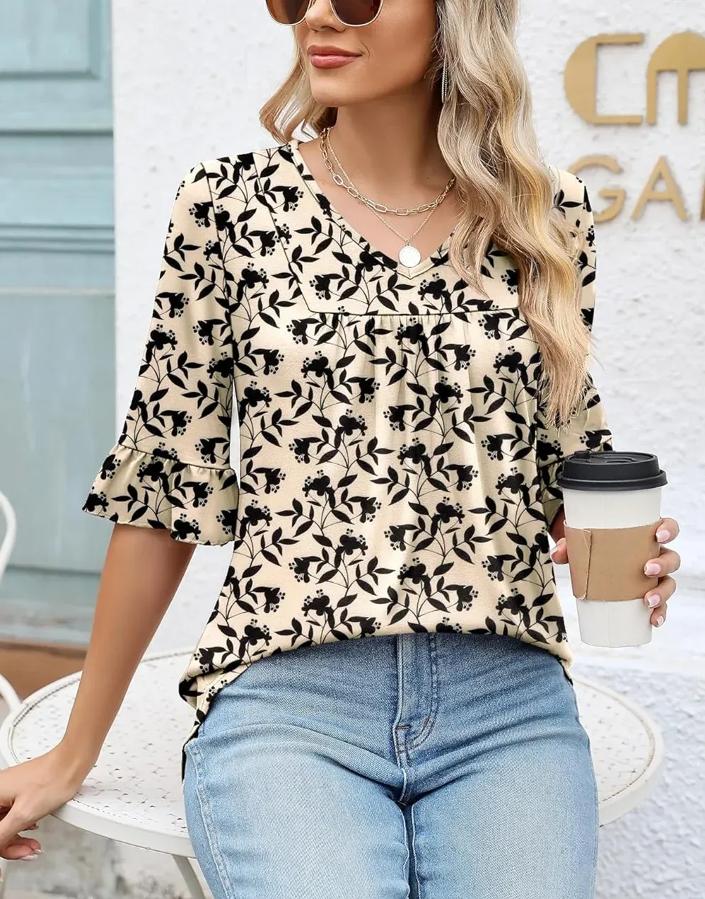 ✨WOMENS 3/4 LENGTH SLEEVE V-NECK CASUAL RUFFLE SLEEVE TUNIC BLOUSES