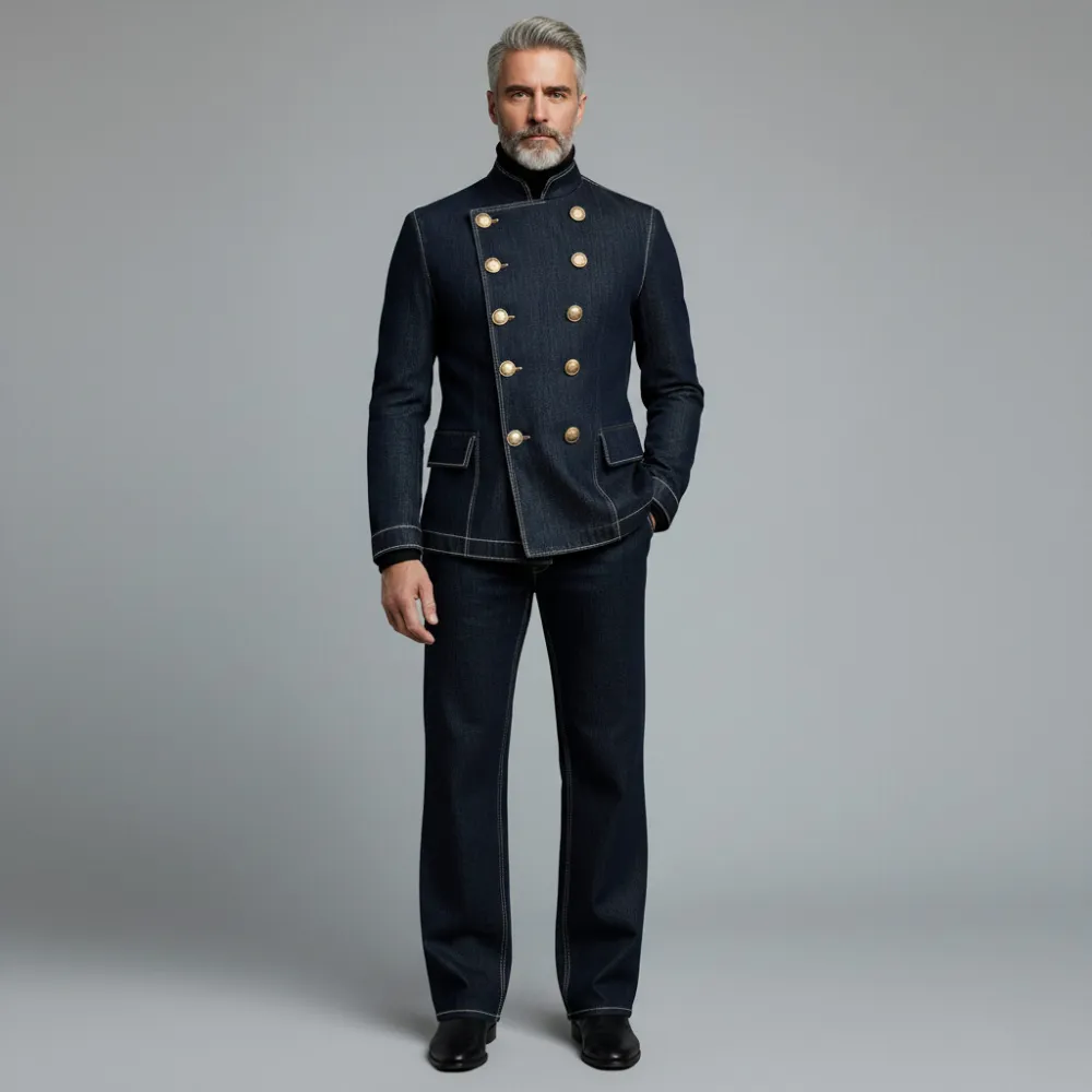 Men's Black Stand Collar Double Breasted Long Sleeve Denim Jacket & Straight Leg Jeans 2Pcs Set