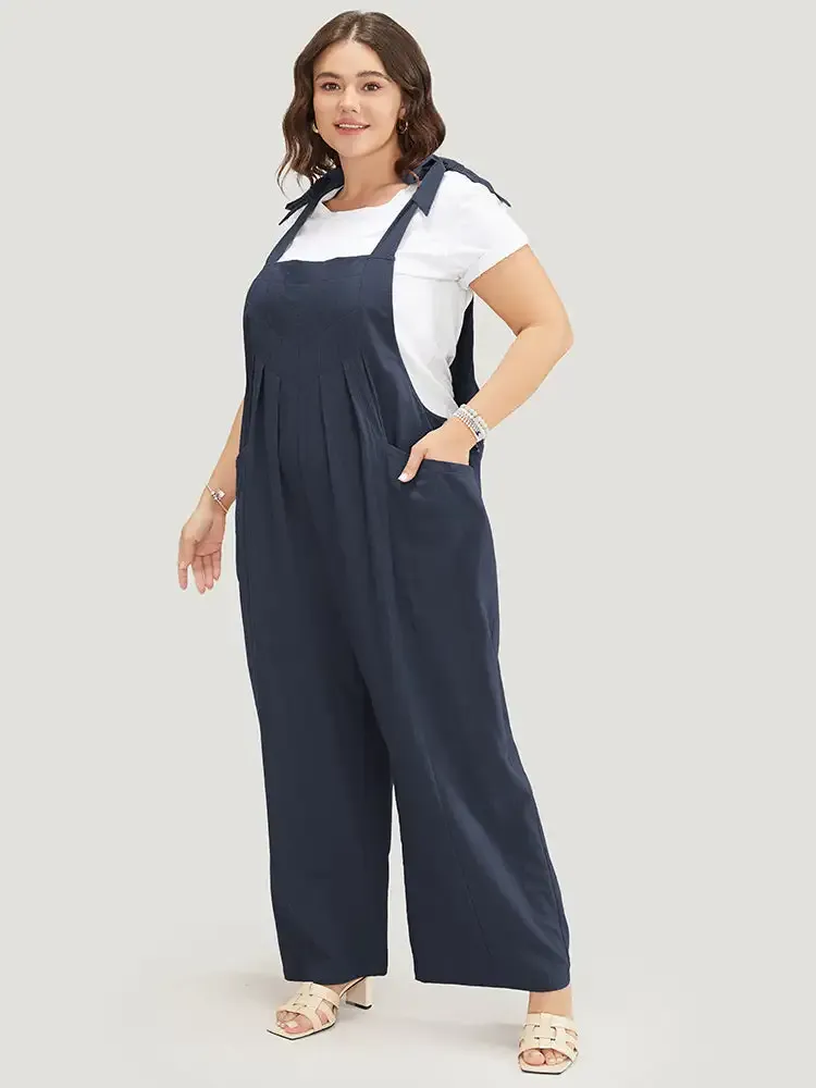 Solid Pleated Detail Pocket Knotted Shoulder Overall Jumpsuit