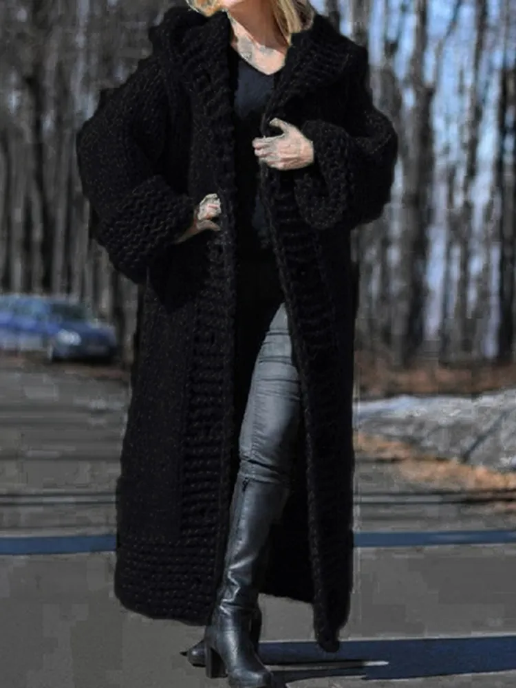 Oversized hooded cardigan long knitted jacket