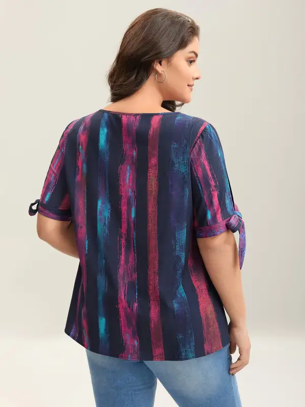 Irregular Stripes Sleeve Tie Blouse