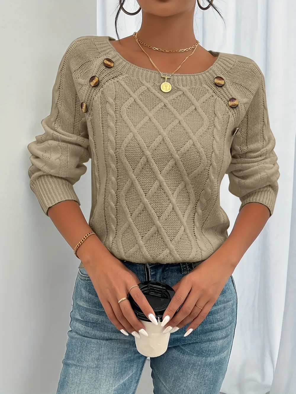 Long Sleeve Cable Knit Sweater, Casual Crew Neck Sweater, Women's Clothing