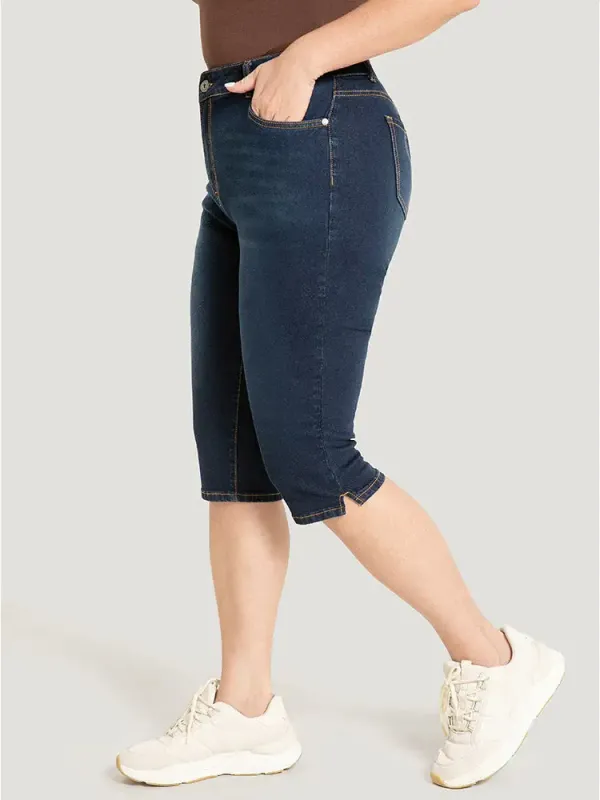 Skinny Very Stretchy Dark Wash Split Knee Denim Shorts