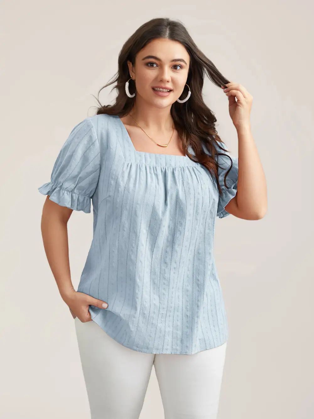 Cotton Square Neck Ruffled Sleeve Shirt