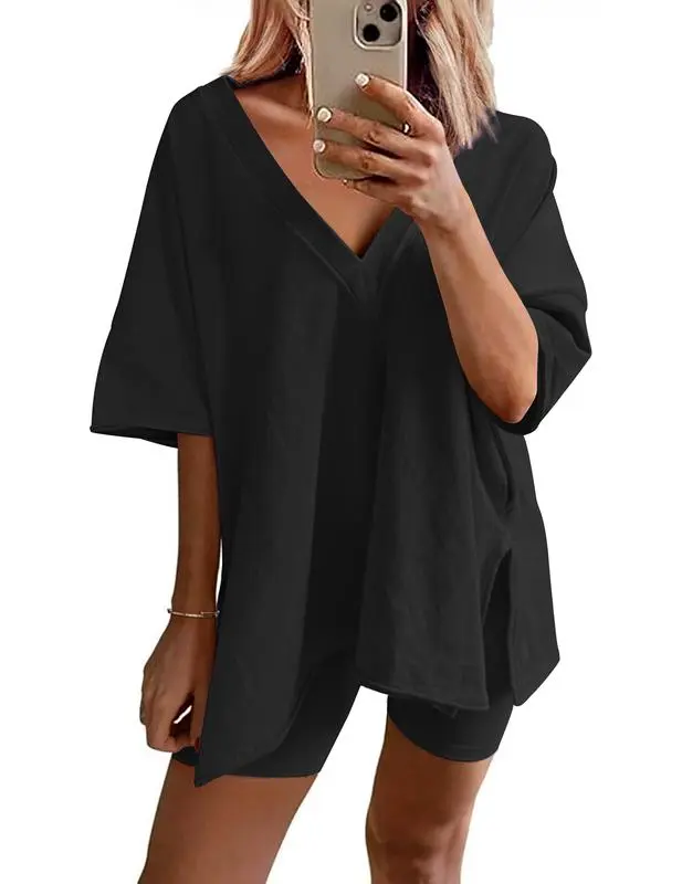 Women's 2-Piece Summer Lounge Set – Oversized T-Shirt & Shorts, Casual Comfy Tracksuit, Beach Cover-Up, Breathable Matching Outfit