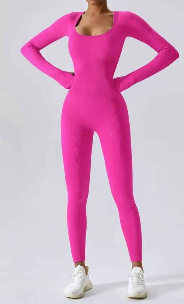 Women's Solid Ribbed Long Sleeve Sports Playsuit Tummy Control Jumpsuit, Workout Ribbed Long Sleeve Exercise Bodycon Jumpsuit