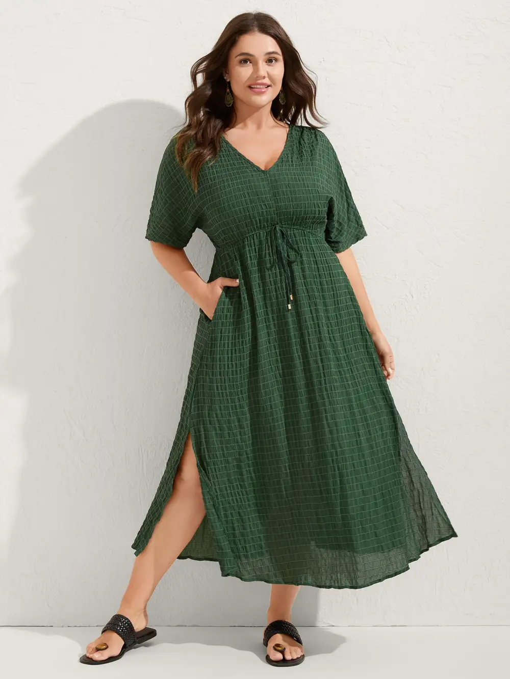 Textured Split Hem Waist-Tie Maxi Dress