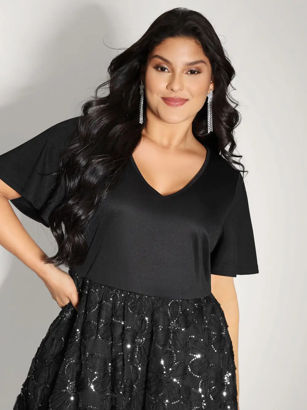 Sequin Embroidery Ruffled Sleeve Midi Dress