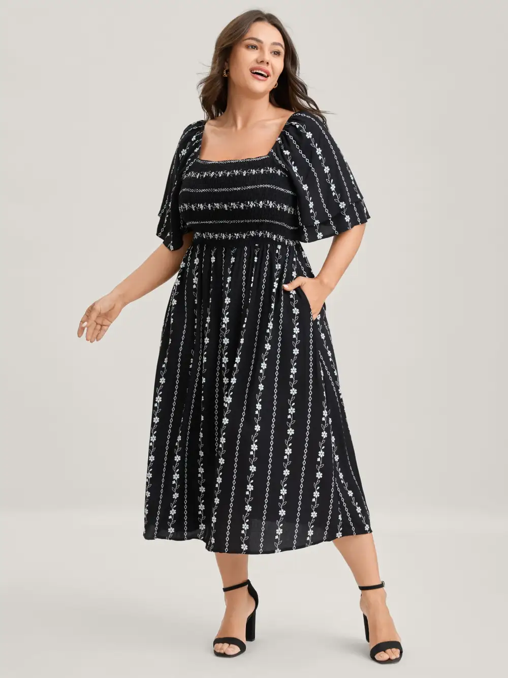 Floral Stripes Layered Ruffle Sleeve Midi Dress