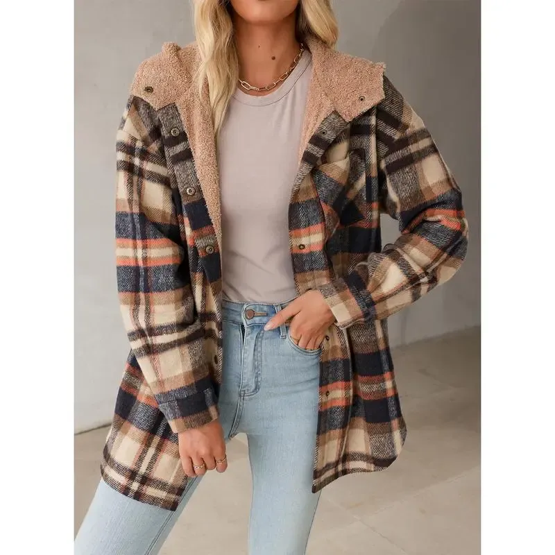 Flannel Hooded Plaid Shacket - Button-Down Thick Fleece-Lined Fuzzy Winter Coat