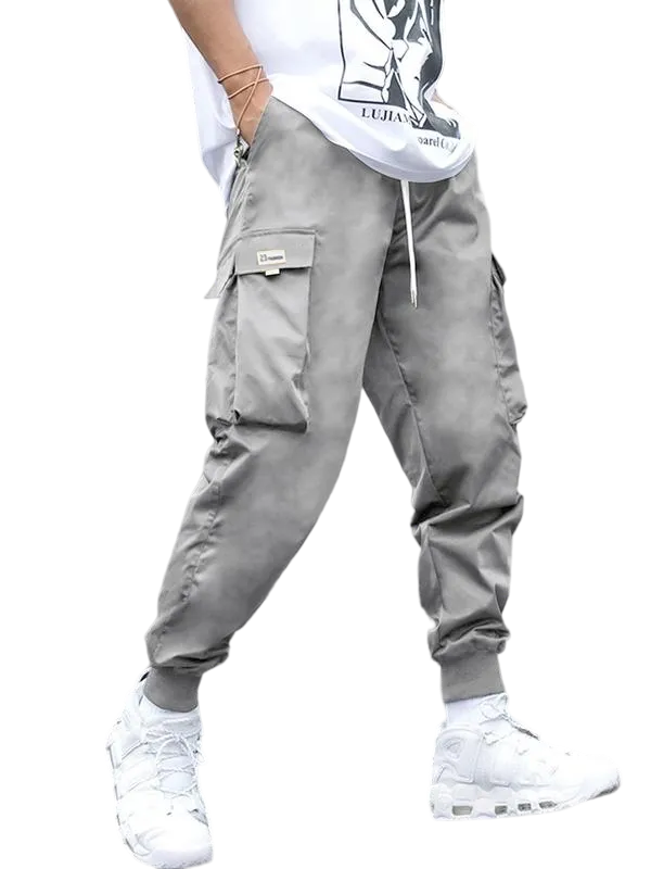 Men's Plus Size Cargo Pants – Solid Color, Drawstring, Flap Pockets