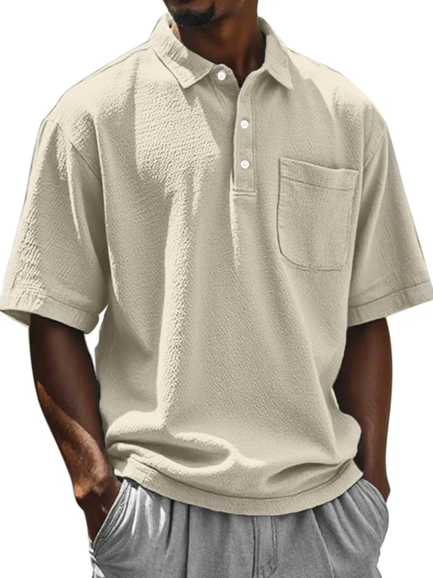 Men's Daily Solid Color Textured Lapel Short-sleeved Polo Shirt