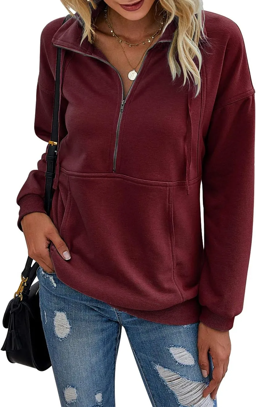 Women's Casual Long Sleeve Lapel Zipper Sweatshirt Drawstring Loose Pullover Tops