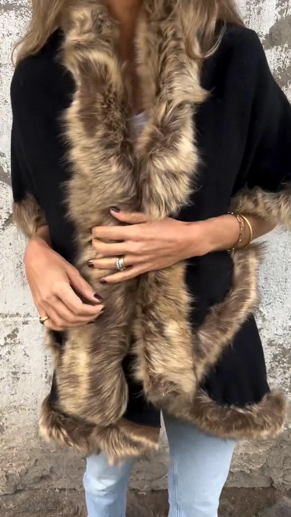 Golden Ember Faux Fur Trimmed Cape