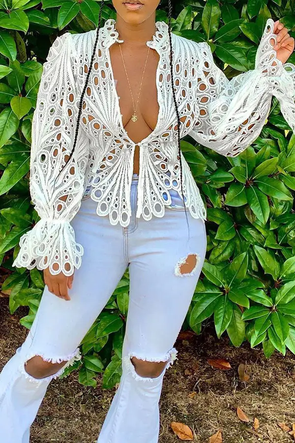 Lace Deep V Sweet Cutout Blouse