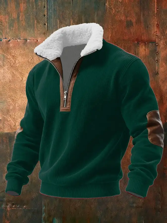 Men's Knitted Fabric Zipper Fur Collar Sweatshirt