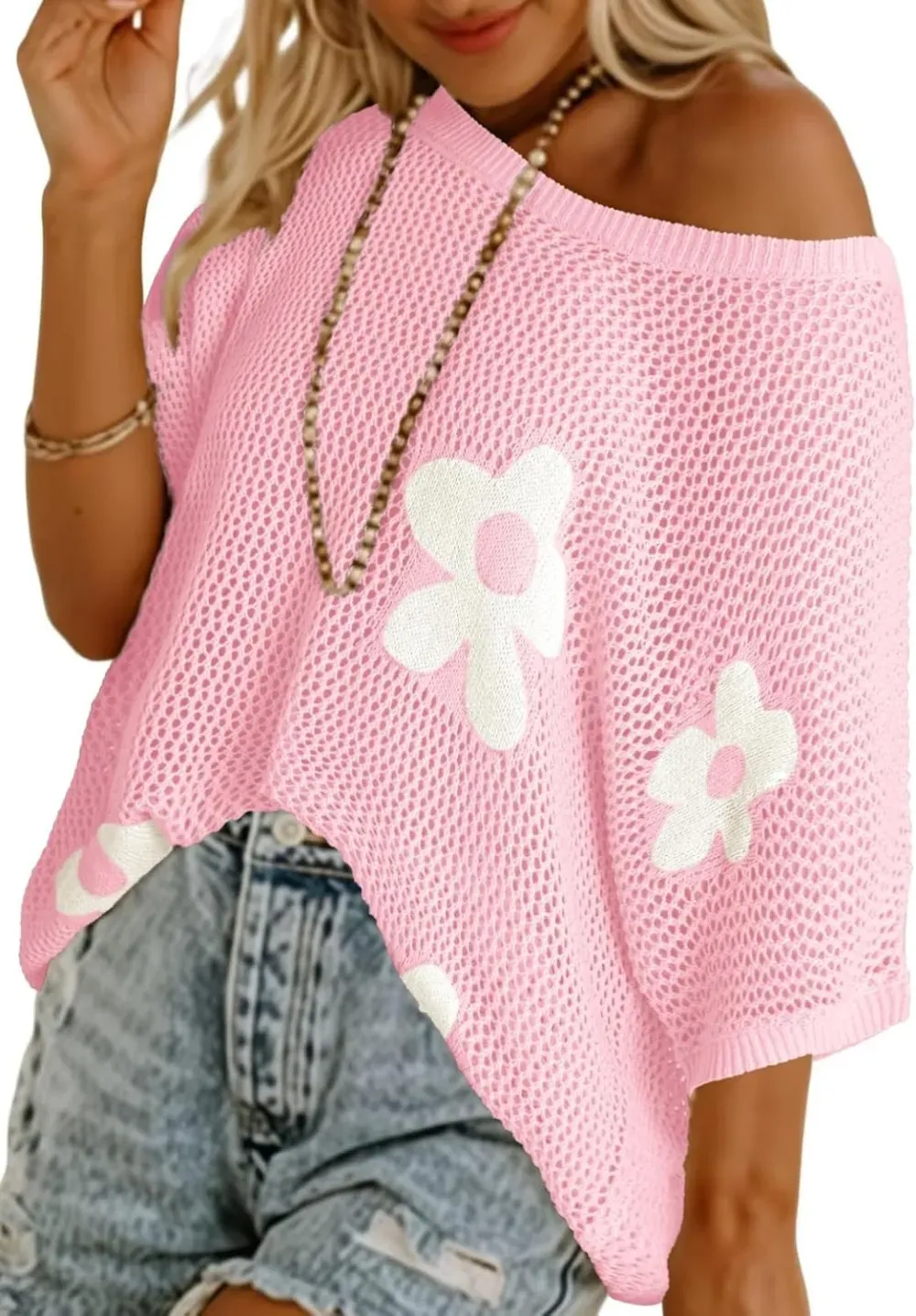 ✨Womens Floral Cute Tops Short Sleeve Crochet Cover Ups Lightweight Pullover