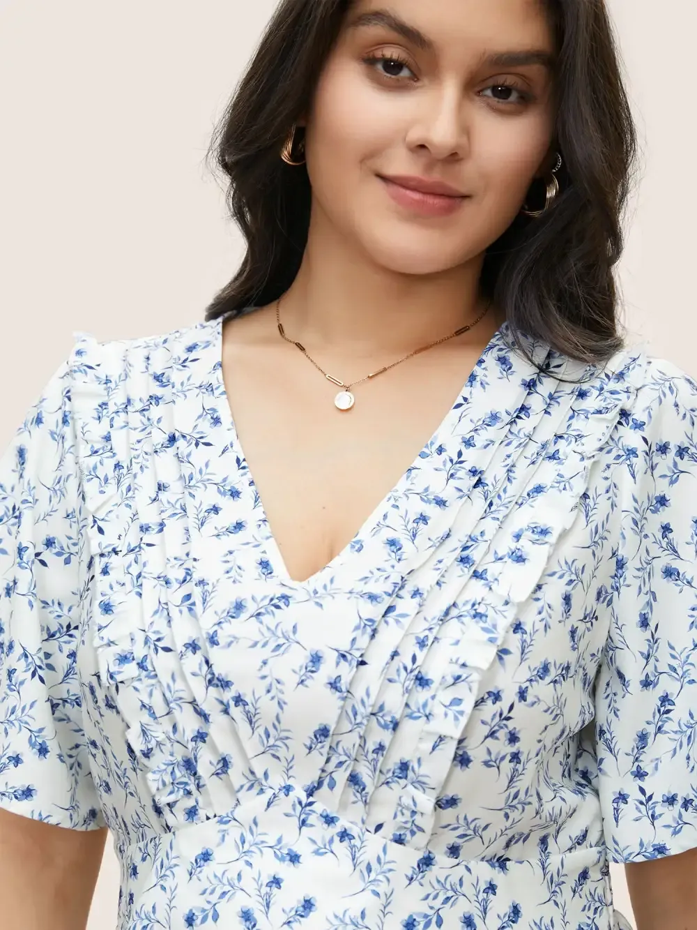 Floral Pleated Elastic Waist Ruffle Sleeve Blouse