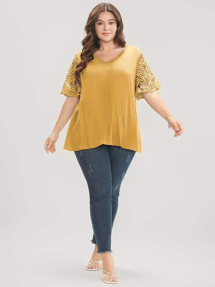 Plain V Neck Floral Patchwork Blouse