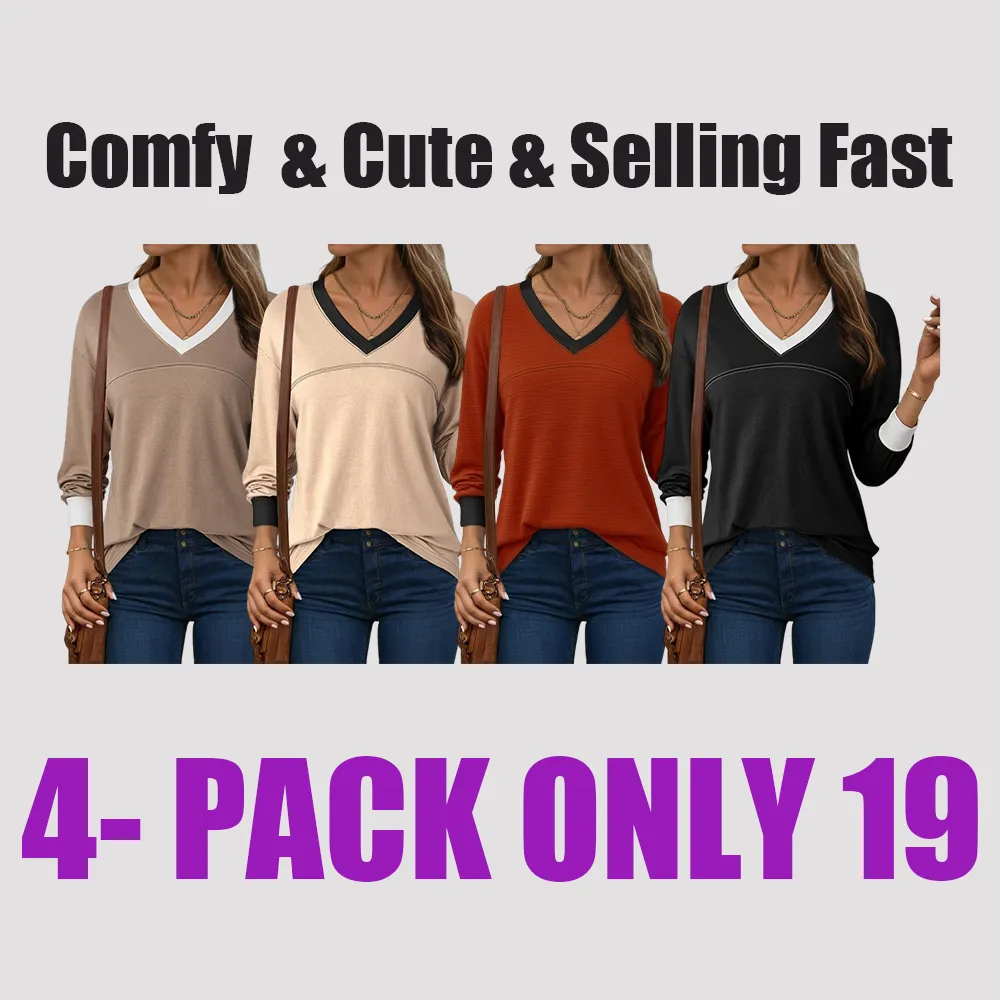 Women Blouses Dressy Casual Long Sleeve Shirts V Neck Color Block Tops Fall Outfits 2025