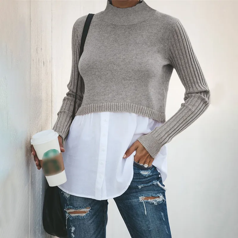 Commuting Solid Color Fake Two Pieces Pullover Jumper