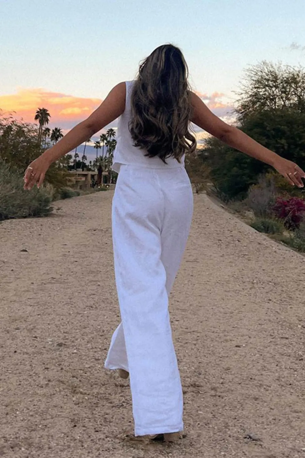 White Button Down Tank Top Long Pants Set