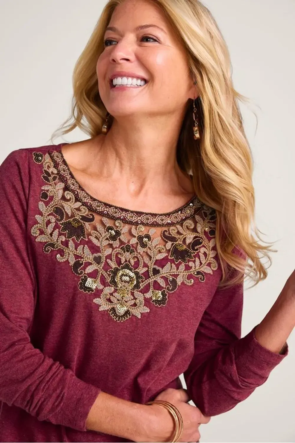 Embroidered Gleam Long Sleeve Knit Top