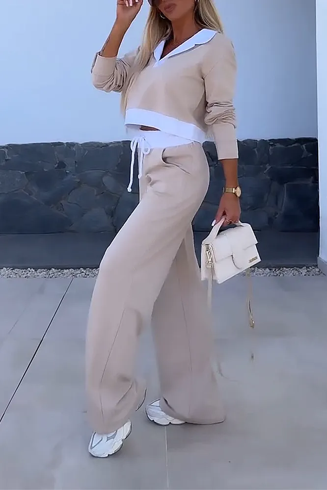 Women's contrasting splicing V-neck and pants two-piece set