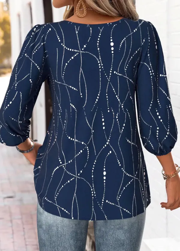 Navy Geometric Print 3/4 Sleeve Split Neck Blouse